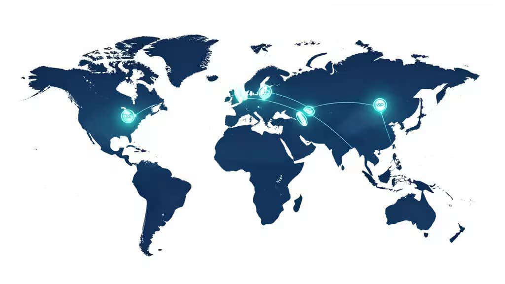 Glowing crypto coins connect continents on a dark blue world map, illustrating seamless global payroll flows.