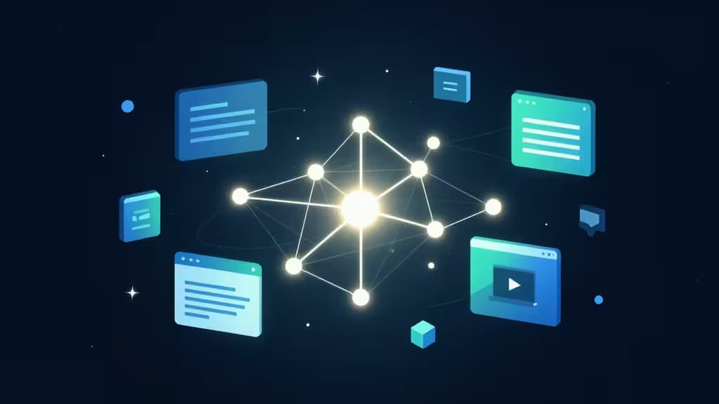 Abstrakcyjna kompozycja przedstawiająca narzędzia AI dla startupów: świecący węzeł sieci neuronowej połączony z pływającymi blokami kodu, slajdami prezentacji i klipami wideo na ciemnym tle w chłodnych błękitach z akcentami bursztynu