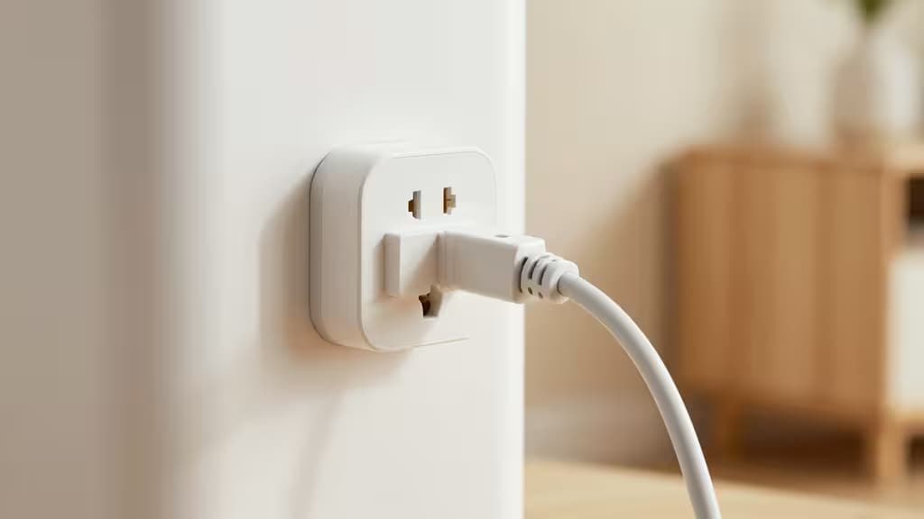 White smart plug with power cable plugged into wall outlet, clean modern design.