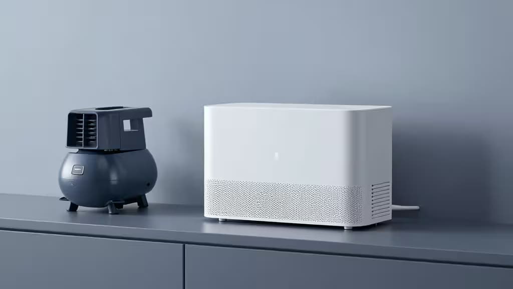 Smart-Home-Hub auf einem Kellerregal neben einem Sump-Pumpen-Schacht mit Wasserlecksensor
