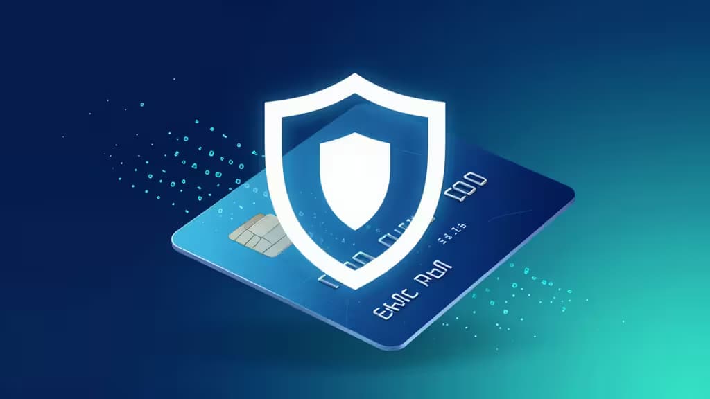 Um cartão de crédito azul com um ícone de escudo branco brilhante flutua contra um fundo em gradiante, simbolizando transações online seguras.
