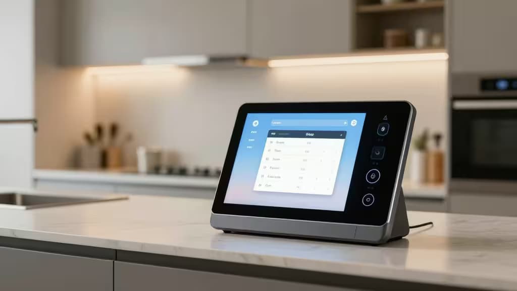 Una pantalla inteligente negra con una interfaz azul brillante sobre una encimera de cocina de mármol blanco, rodeada de mobiliario moderno e iluminación cálida bajo los armarios.