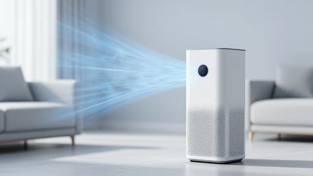 Purificateur d'air intelligent dans un salon moderne et lumineux avec visualisation du flux d'air filtré