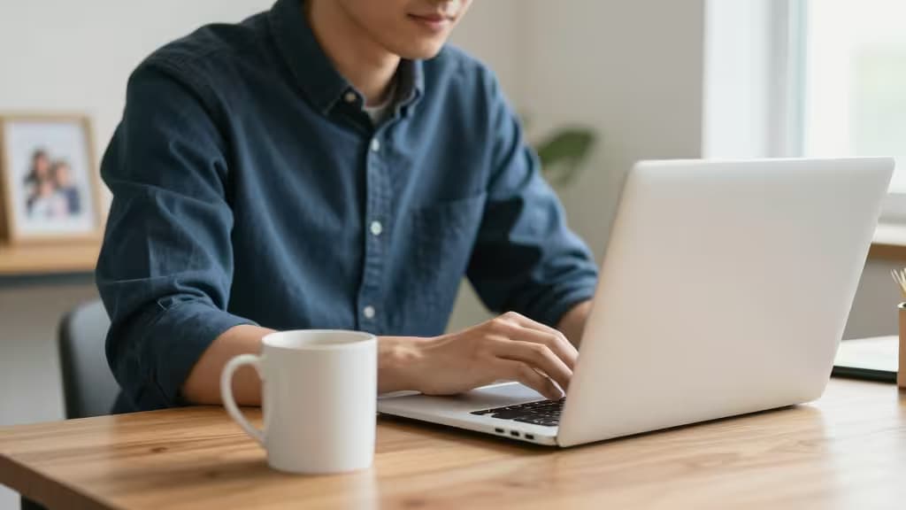 A freelancer types on a laptop at a wooden desk, coffee mug nearby, symbolizing flexible work and easy insurance access.