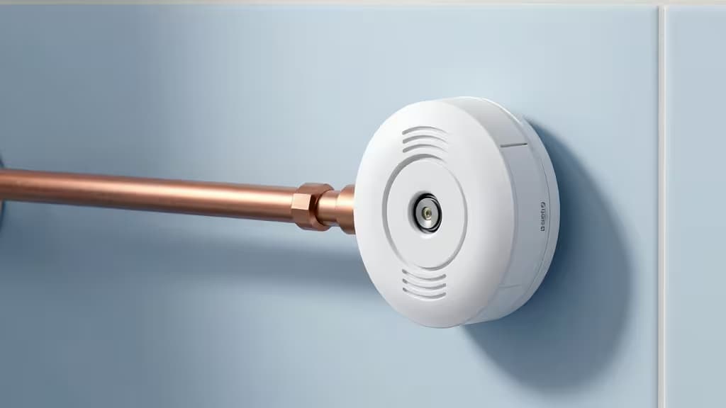 Vanne d'arrêt automatique blanche et circulaire connectée à un tuyau en cuivre sur un mur bleu clair.