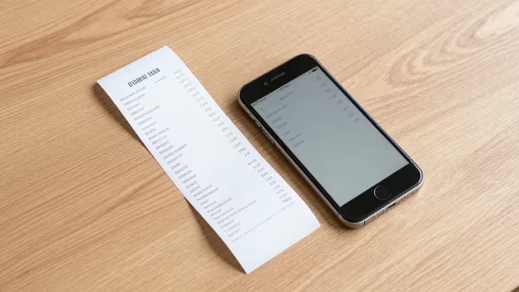 Een smartphone ligt op een houten bureau en scant een papieren bonnetje, met zacht natuurlijk licht in neutrale tinten.