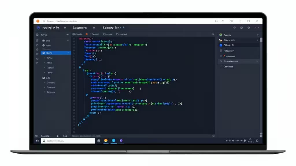 Laptop-Bildschirm zeigt KI-gestützte Code-Refactoring-Oberfläche mit syntax-hervorgehobenem Legacy-Code und Modernisierungs-Tools.