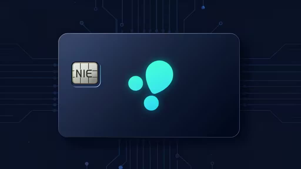 Тёмно-синяя карта аппаратного кошелька с NFC-чипом и светящимся логотипом XRP на фоне микросхем.