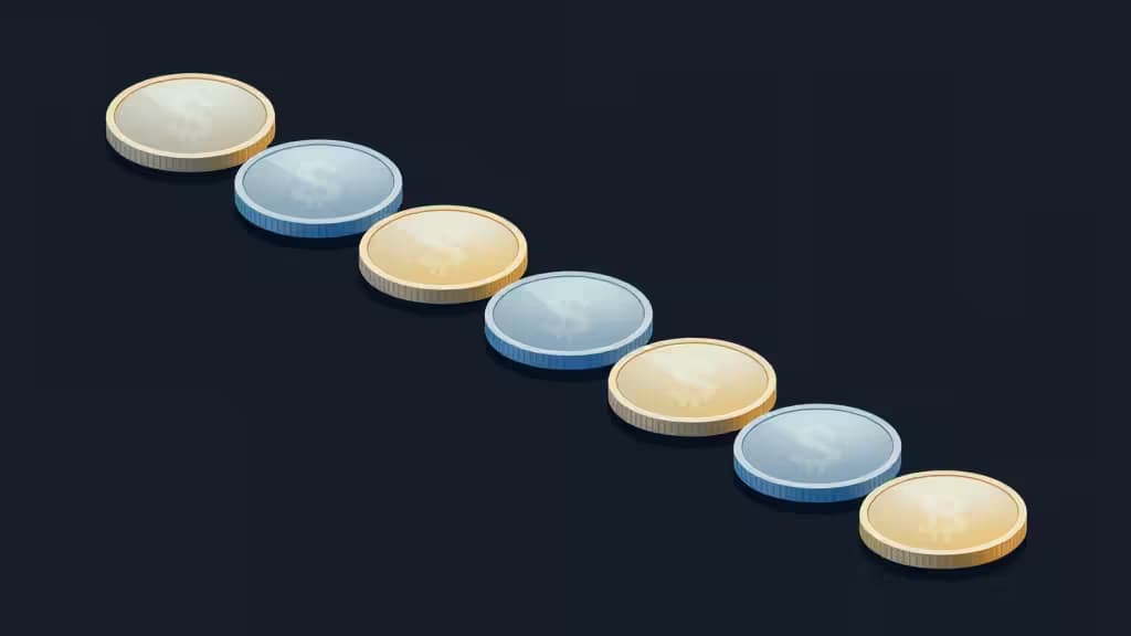 Alternating gold and blue crypto coins cascade diagonally across a dark background, symbolizing disciplined, automated dollar-cost averaging accumulation.