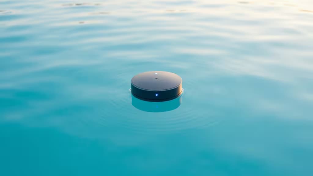 Schwimmbecken mit klarem türkisfarbenem Wasser bei Sonnenaufgang, ein smarter Pool-Sensor mit blauem Licht schwebt auf der Wasseroberfläche