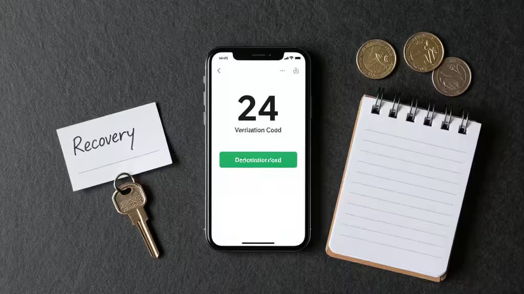 Smartphone displays 2FA code beside notebook, coins, and key labeled 'Recovery' on dark surface.