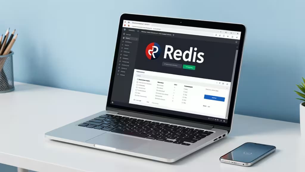 A silver laptop displays a Redis dashboard on a white desk beside a smartphone and pencil holder.