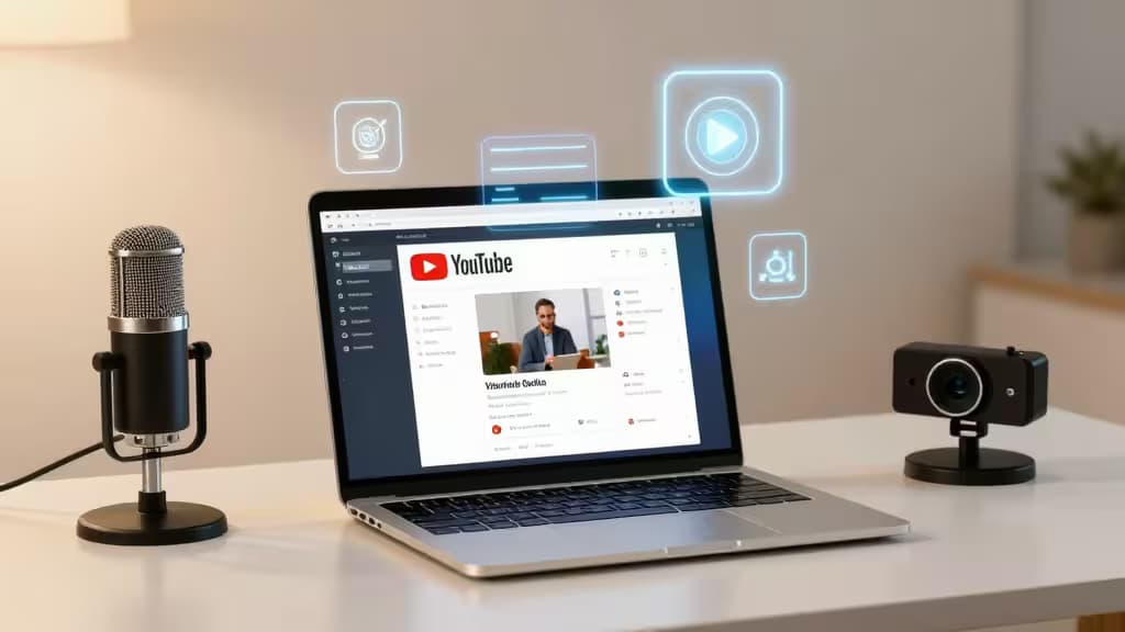 Un laptop elegante muestra YouTube, flanqueado por un micrófono profesional y una webcam, con iconos brillantes de IA flotando sobre la pantalla.