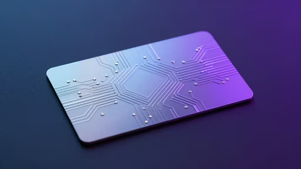 A sleek, gradient purple-blue crypto debit card with circuit-like patterns rests on a dark surface.