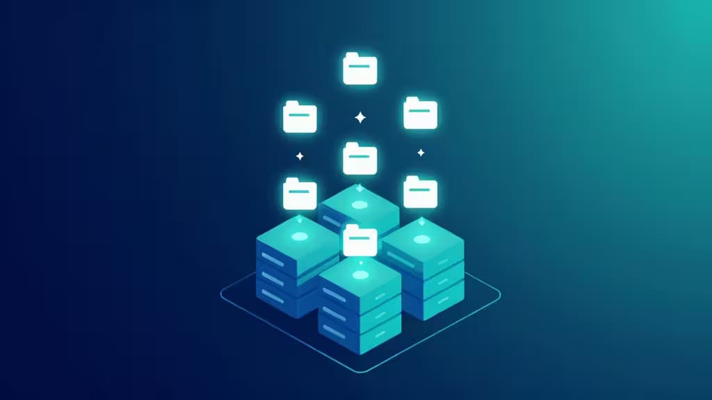 Abstrakcyjna ilustracja koncepcji cloud storage i uploadu plików: świecące ikony plików unoszące się w stronę stylizowanej siatki serwerów chmurowych na granatowo-morskim tle