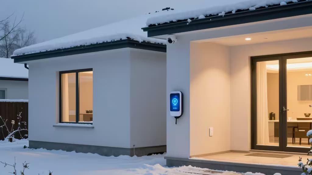 Verschneutes modernes Haus in der Dämmerung mit Smart-Home-Geräten im Außenbereich — Sicherheitskamera, EV-Ladegerät und Smart-Stecker bei Frost und Eis.