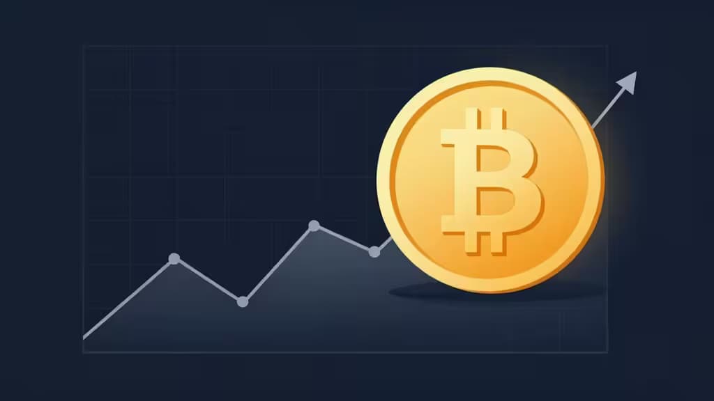 A golden Bitcoin coin rising from a minimalist financial chart against a dark navy geometric grid background.