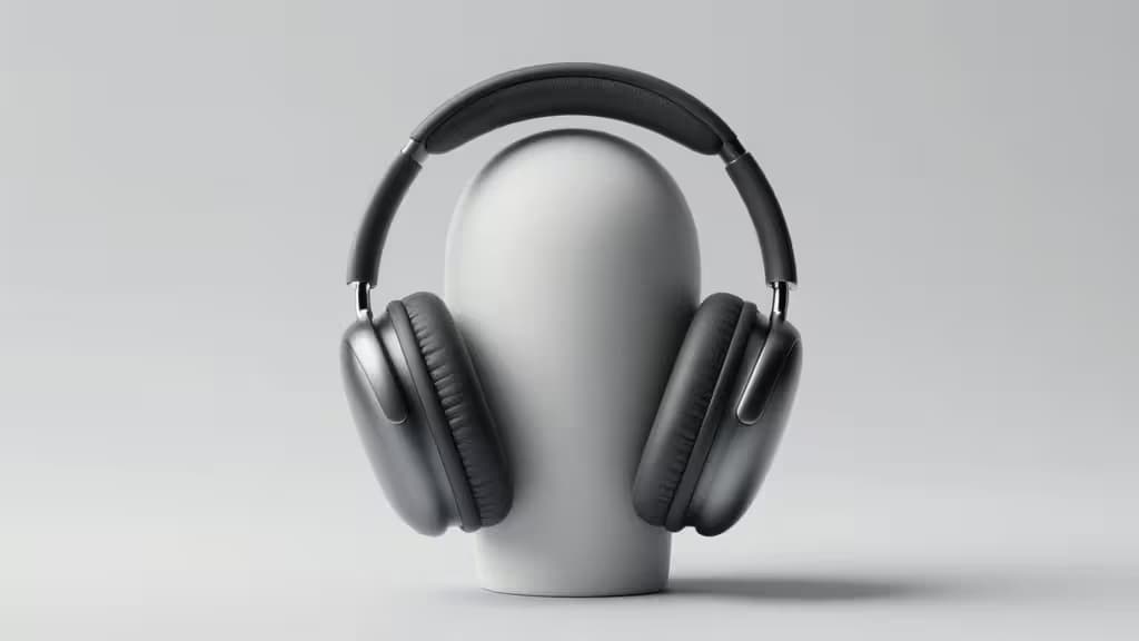 Black over-ear headphones with soft padding rest on a minimalist white mannequin head.