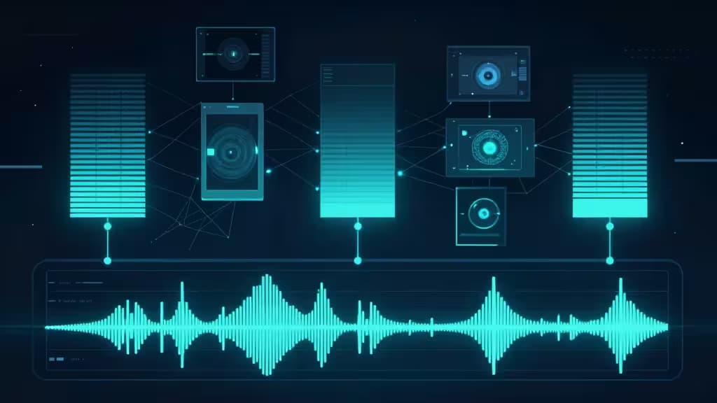 Interface abstrata de edição de vídeo com IA, com waveforms luminosos, timelines e frames de vídeo em formato curto sobre fundo azul-escuro.