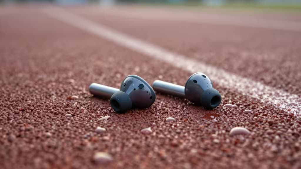 Cuffie wireless coperte di sudore appoggiate su una pista di atletica rossa, a sottolineare la durabilità sportiva e le prestazioni.