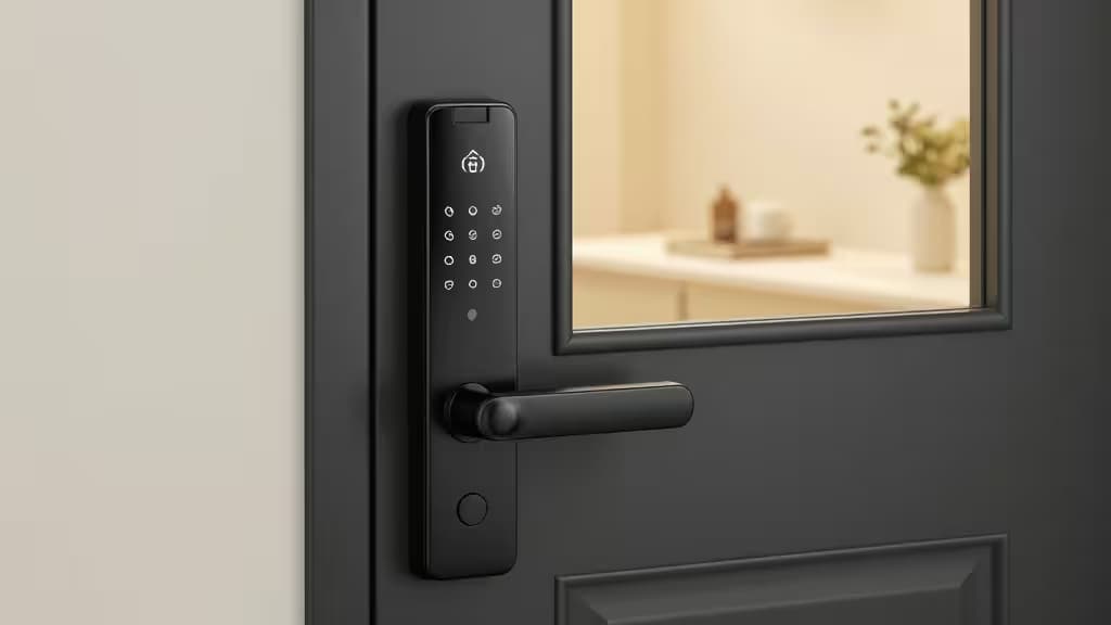 A modern apartment door with a sleek matte-black smart lock keypad glowing softly under warm interior lighting