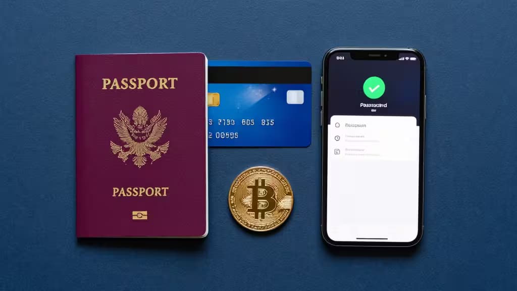 Pasaport, karta kredytowa, Bitcoin i smartfon z aplikacją menedżera haseł na ciemnoniebieskim tle.