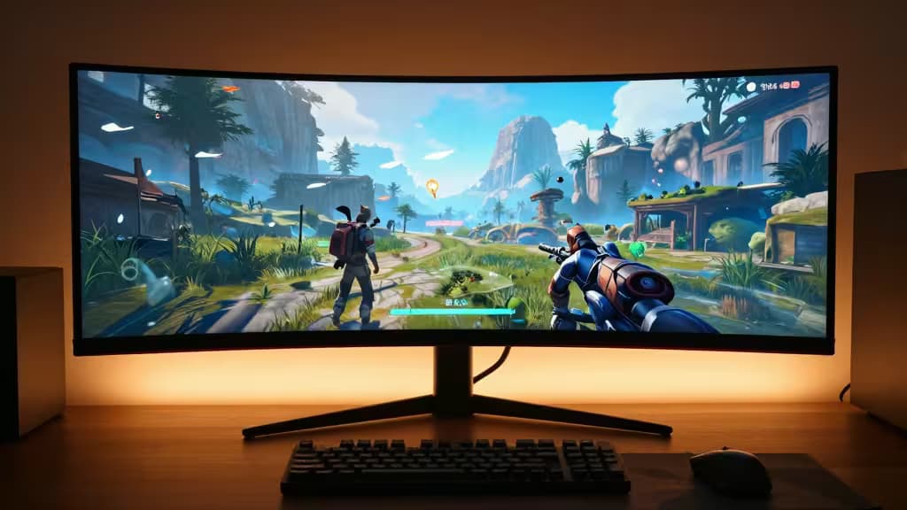 Curved ultrawide monitor displays vibrant game scene on wooden desk with keyboard and mouse.