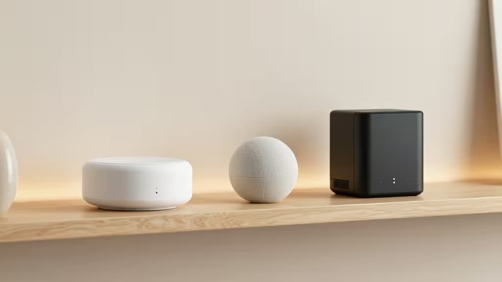 Três hubs de casa inteligente — um disco branco, uma esfera texturizada e um cubo preto — alinhados sobre uma prateleira de madeira clara.
