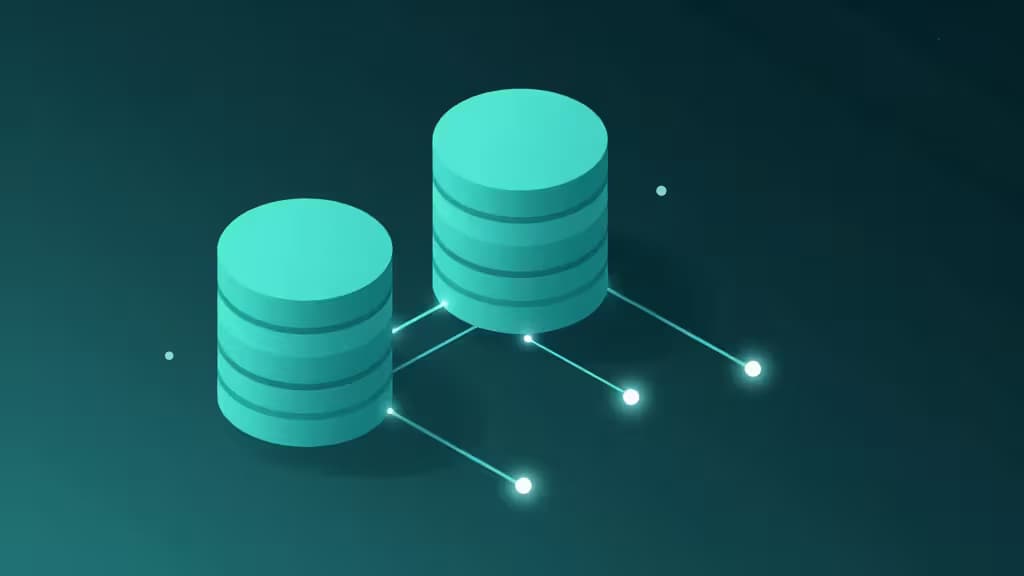 Two glowing teal database cylinders connect via luminous lines to floating nodes, symbolizing scalable serverless PostgreSQL infrastructure.