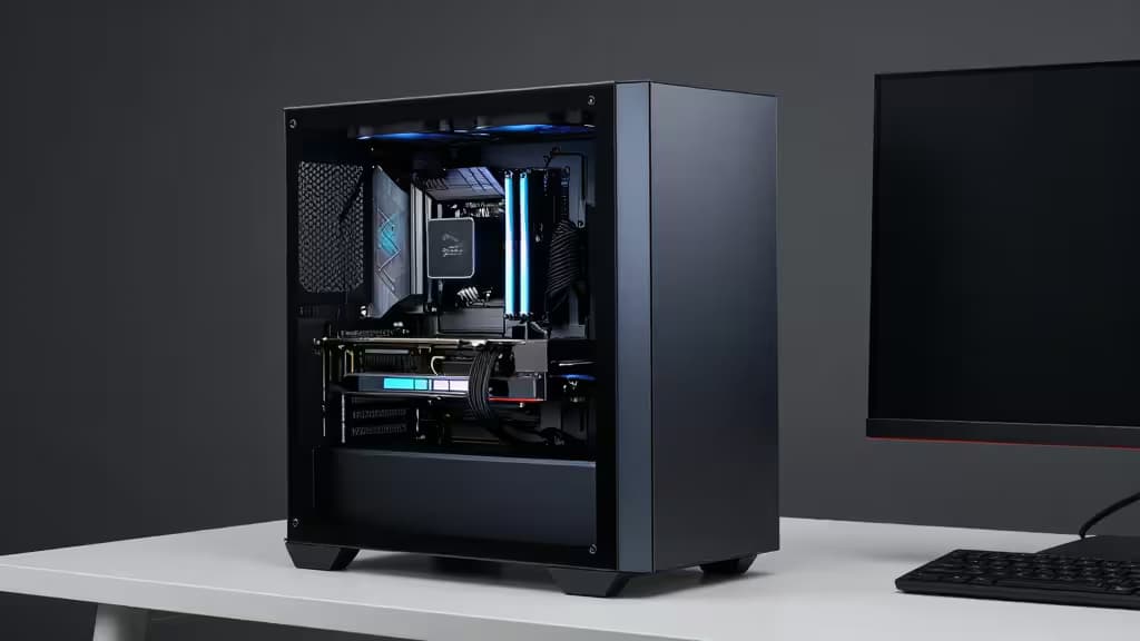 Black gaming PC with NVIDIA GPU, blue LED accents, on white desk beside monitor.