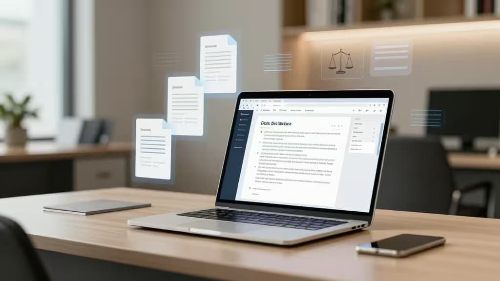 Ноутбук с интерфейсом AI-анализа контрактов, плавающие иконки документов и юридические символы на фоне современного офиса