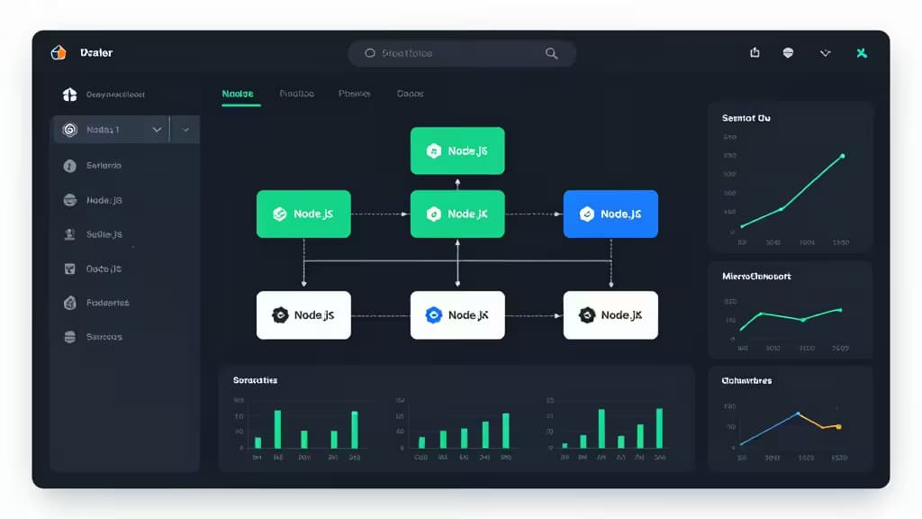 Тёмная панель управления с архитектурой Node.js микросервисов, реальными метриками производительности и инструментами мониторинга в бюджетном сегменте