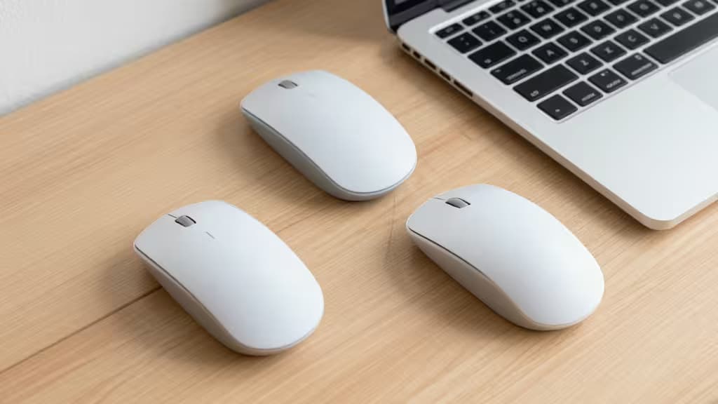Three white ergonomic mice rest on a light wood desk beside a silver MacBook.