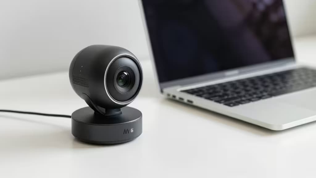 Webcam noire avec anneau argenté posée à côté d'un ordinateur portable argenté sur un bureau blanc.