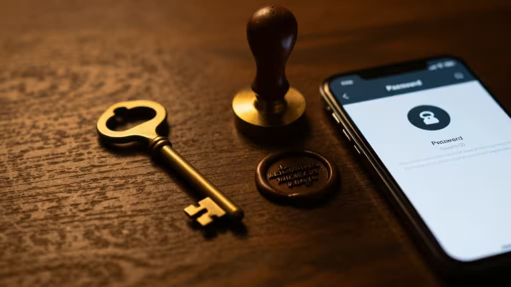 An antique brass key, wax seal, and smartphone displaying a password screen rest on a wooden surface.