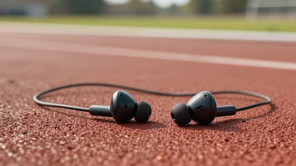 Fones sem fio pretos sobre pista de corrida vermelha, prontos para monitoramento cardíaco abaixo de US$ 100.