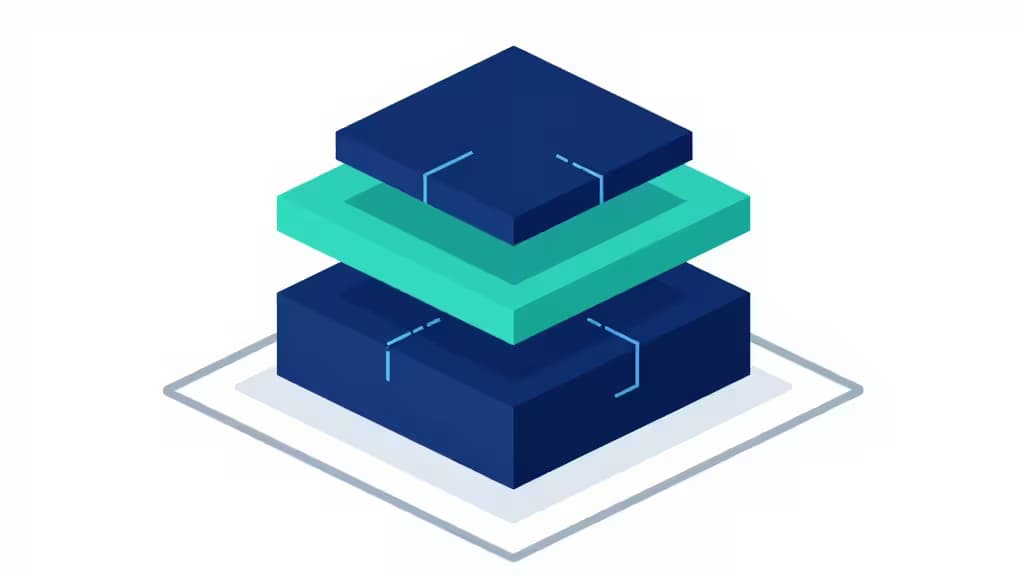 Abstract illustration of layered geometric code blocks forming a secure type-safe pipeline in deep blue and teal tones