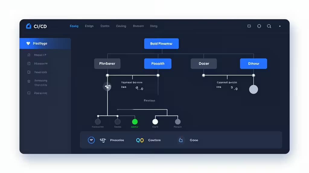 Dashboard CI/CD con visualizzazione di pipeline monorepo, rami e stati di build in toni scuri e blu.