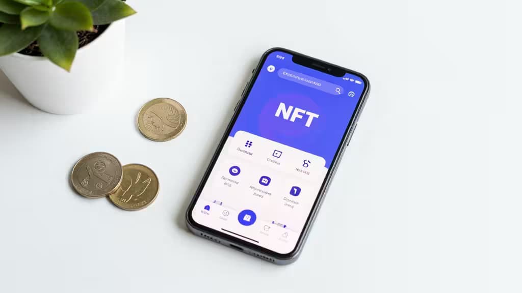 Smartphone exibe interface de app de NFT ao lado de moedas brasileiras e vaso de planta sobre superfície branca.