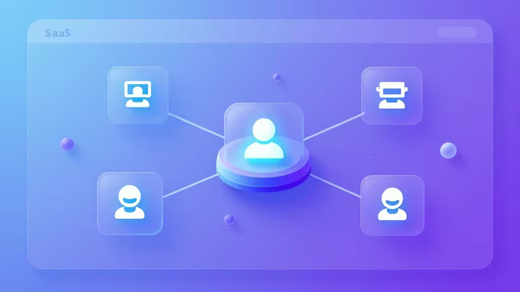 Central AI agent icon connects to four support tool icons on a glowing SaaS interface.