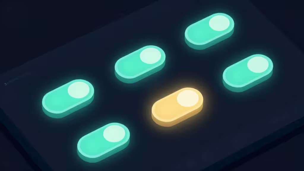 Glowing teal and amber toggle switches illuminate a dark dashboard interface, symbolizing feature flag management for small development teams.