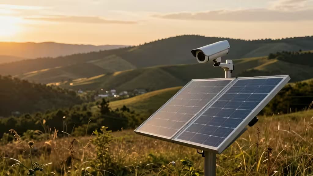 Kamera bezpieczeństwa na zasilaniu solarnym zamontowana na drewnianym słupku w odległym wiejskim krajobrazie o złotej godzinie