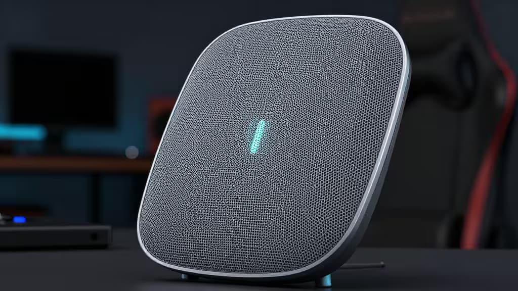 A sleek, fabric-covered mesh WiFi router node glows softly on a dark gaming desk.