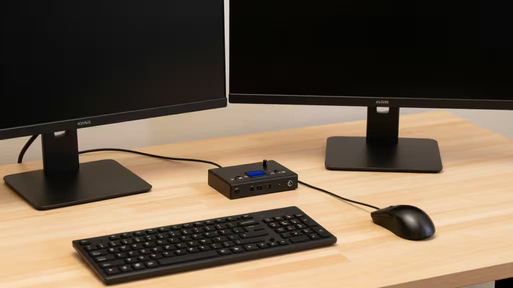 Schwarzer KVM-Switch verbindet zwei Monitore, Tastatur und Maus auf einem hellen Holzschreibtisch.