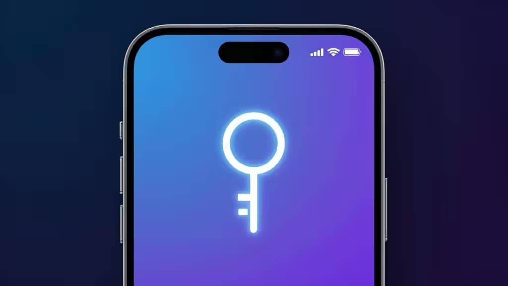 A glowing white key icon centered on an iPhone screen with blue-purple gradient background.