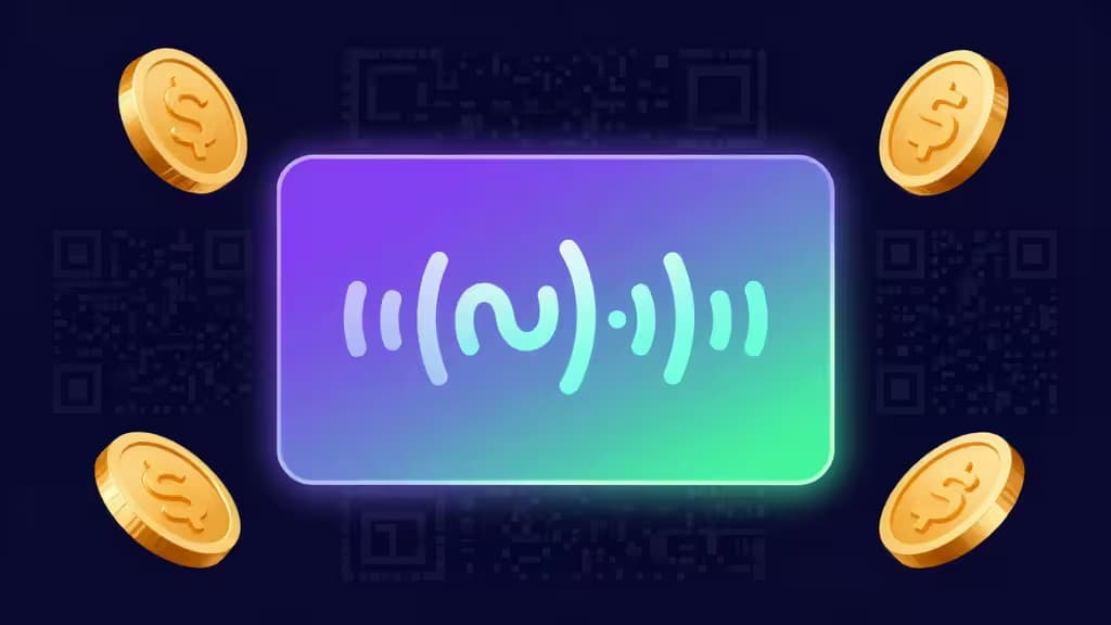 Glowing Solana logo on gradient card, surrounded by floating gold coins against dark background with QR codes.