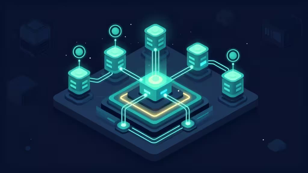 Glowing cyan server nodes connect via luminous tubes to a central glowing gateway on a dark isometric platform.
