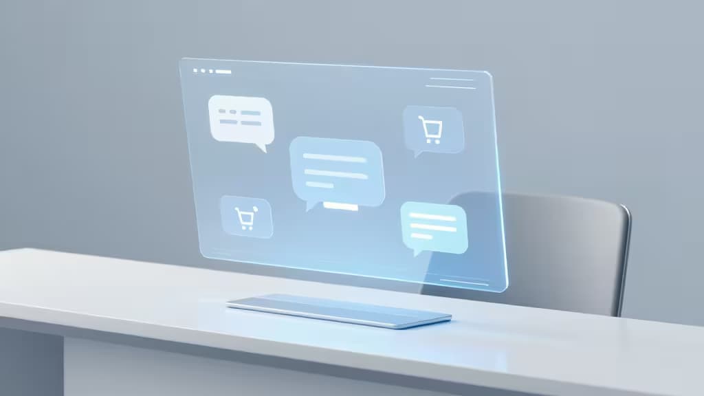 A sleek white desk holds a tablet projecting holographic chat and shopping icons.