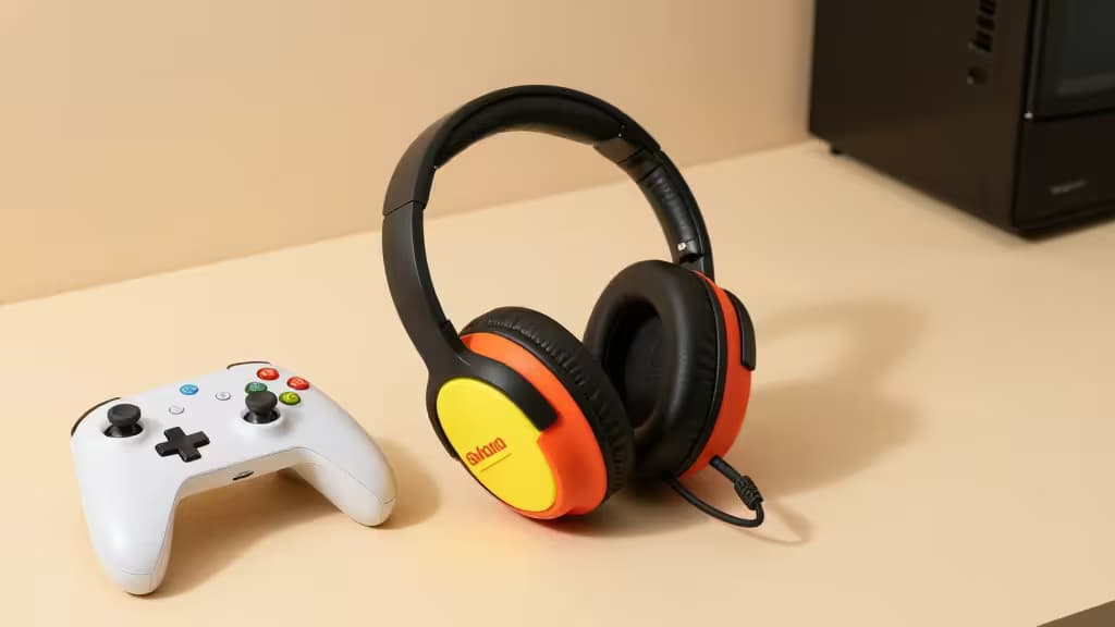 Colorful over-ear headphones with yellow and orange accents sit beside a white Xbox controller on a beige desk.