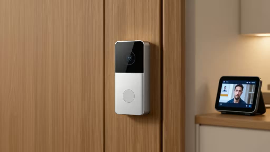 Une sonnette Nest Doorbell installée sur une porte en bois, avec un Nest Hub affichant le flux vidéo d'un visiteur.
